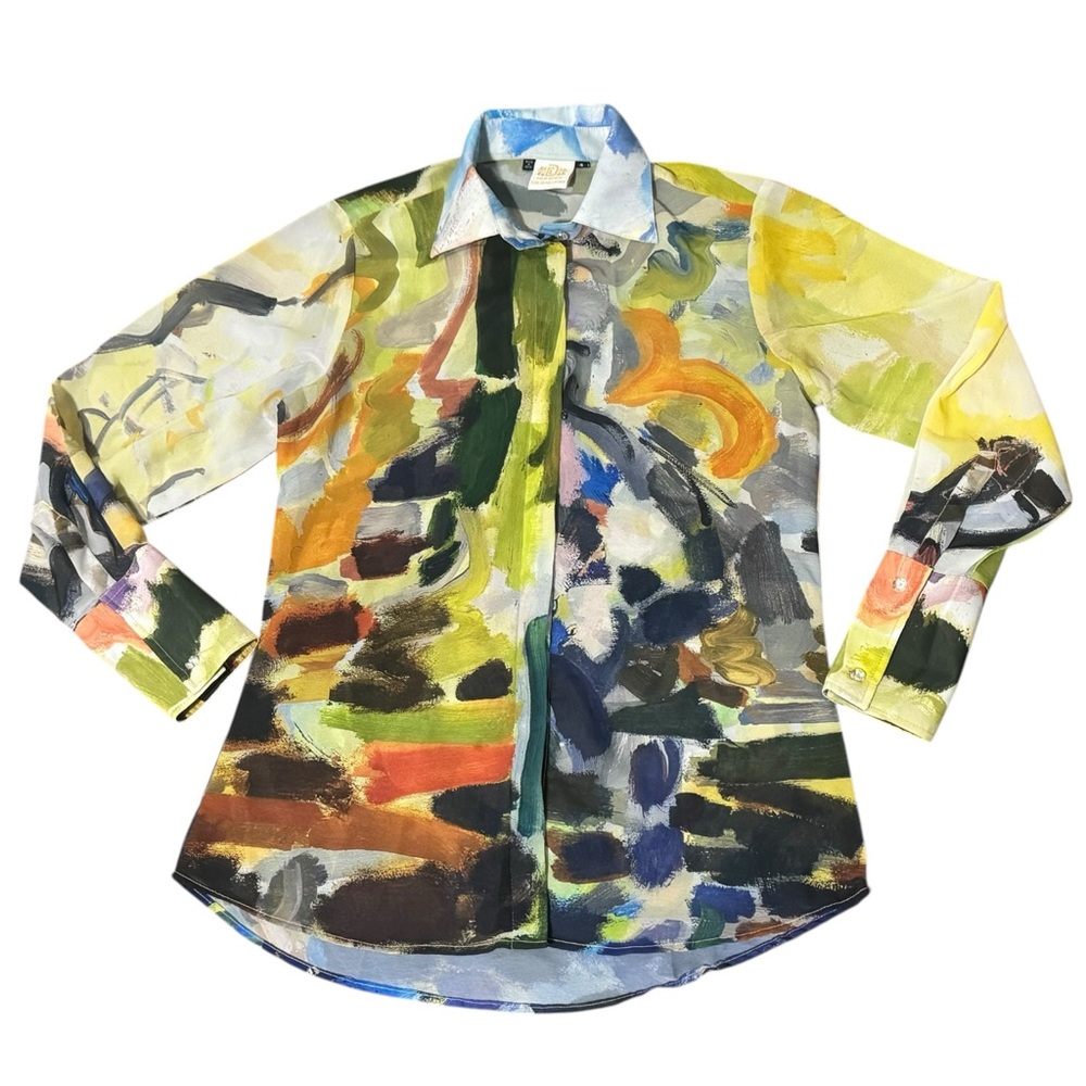 Dena Lyons Nwot Palm Beach Button Down Art Brush Strokes Long Sleeve Colorful 4